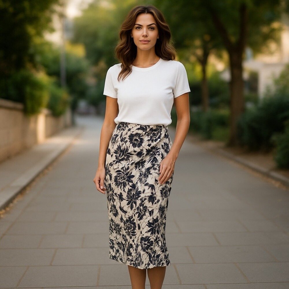NWT Zara Black &‎ White Floral Midi Skirt Womens Size M Ruched Lightweight